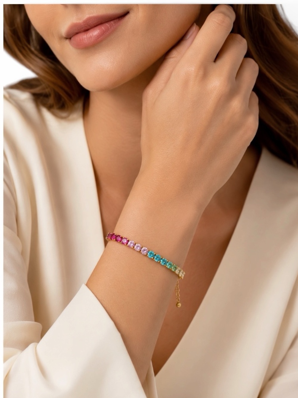 NEW Gold Tone Multi Colored Stone Tennis Bracelet 8" Blue Pink Green